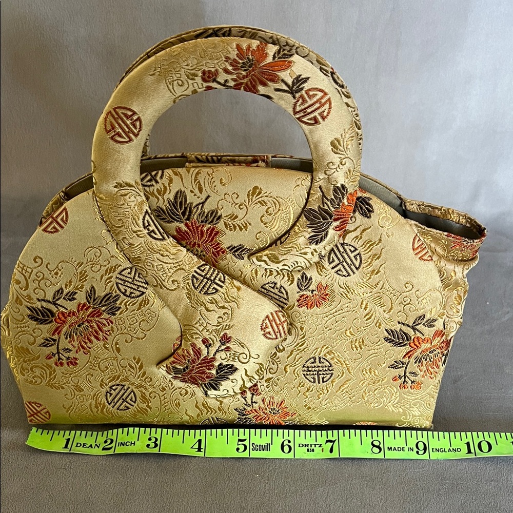 Silk Gold Floral Print Women's Bag w/Detachable Strap - Picture 8 of 8